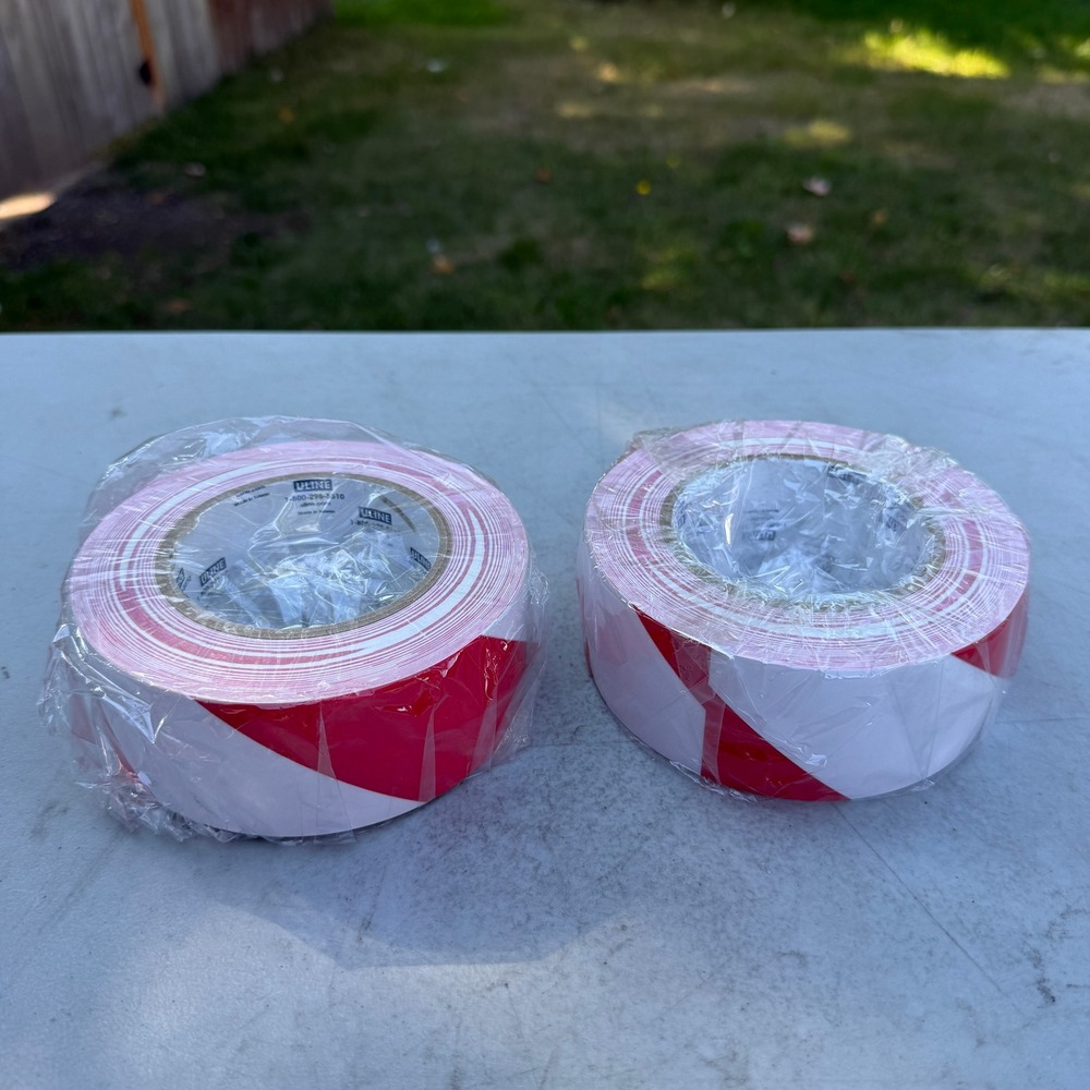 Set of 2 ULINE Red/White Striped Hazard Warning Safety Tape Rolls